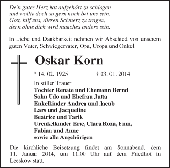 Traueranzeige von Oskar Korn von Märkische Oderzeitung