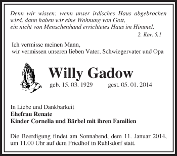 Traueranzeige von Willy Gadow von Märkische Oderzeitung