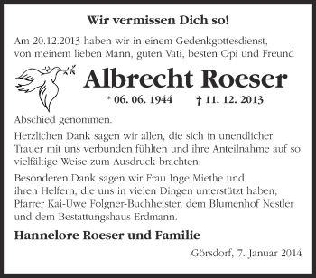 Traueranzeige von Albrecht Roeser von Märkische Oderzeitung