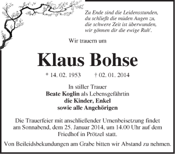 Traueranzeige von Klaus Bohse von Märkische Oderzeitung