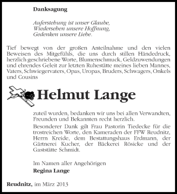 Traueranzeige von Helmut Lange von Märkische Oderzeitung