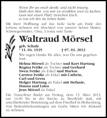 Traueranzeige von Waltraud Mörsel von Märkische Oderzeitung