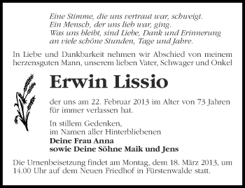Traueranzeige von Erwin Lissio von Märkische Oderzeitung