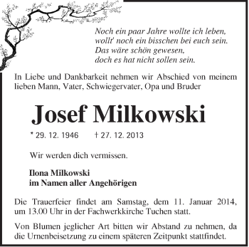 Traueranzeige von Josef Milkowski von Märkische Oderzeitung