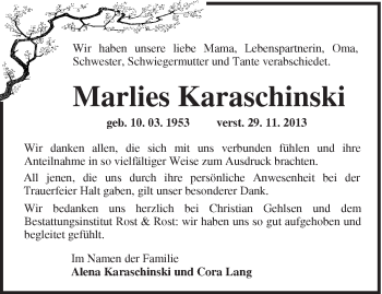 Traueranzeige von Marlies Karaschinski von Märkische Oderzeitung