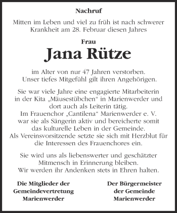 Traueranzeige von Jana Rütze von Märkische Oderzeitung