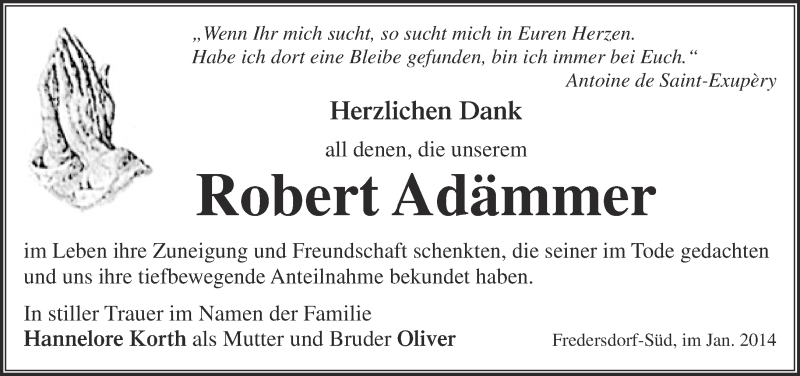  Traueranzeige für Robert Adämmer vom 11.01.2014 aus Märkische Oderzeitung