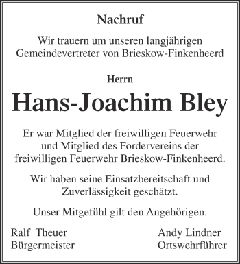 Traueranzeige von Hans-Joachim Bley von Märkische Oderzeitung