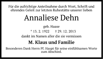 Traueranzeige von Annaliese Dehn von Märkische Oderzeitung