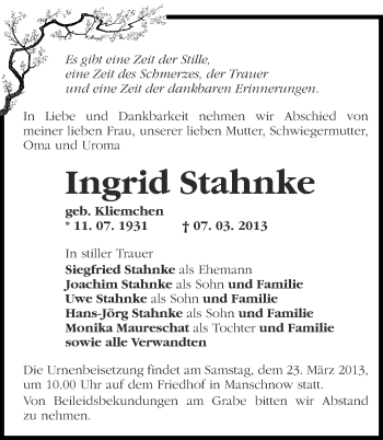 Traueranzeige von Ingrid Stahnke von Märkische Oderzeitung