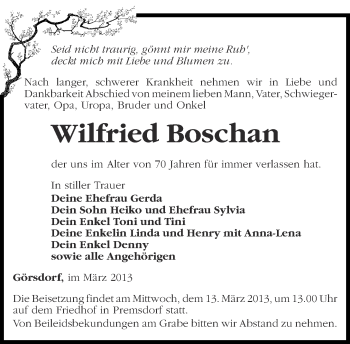 Traueranzeige von Wilfried Boschan von Märkische Oderzeitung