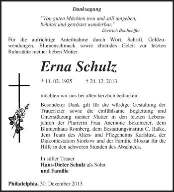 Traueranzeige von Erna Schulz von Märkische Oderzeitung