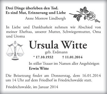 Traueranzeige von Ursula Witte von Märkische Oderzeitung