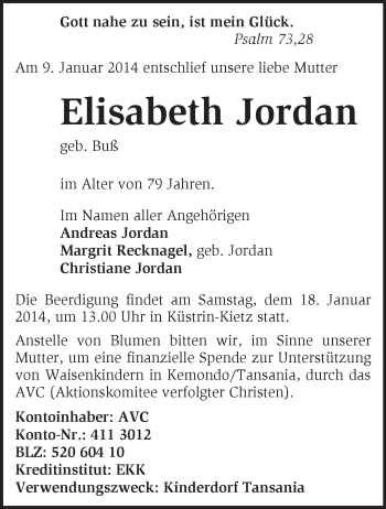 Traueranzeige von Elisabeth Jordan von Märkische Oderzeitung