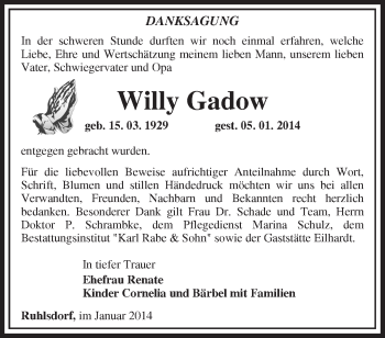 Traueranzeige von Willy Gadow von Märkische Oderzeitung