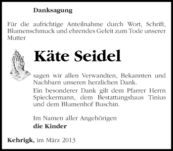 Traueranzeige von Käte Seidel. von Märkische Oderzeitung