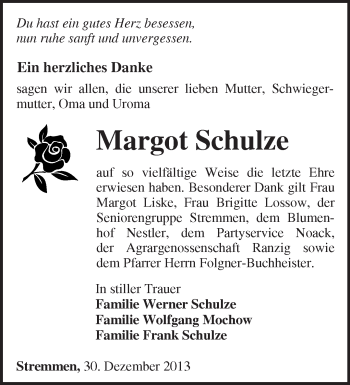 Traueranzeige von Margot Schulze von Märkische Oderzeitung