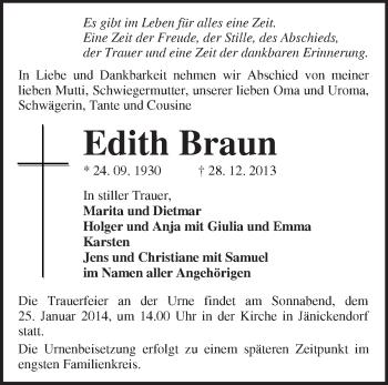 Traueranzeige von Edith Braun von Märkische Oderzeitung