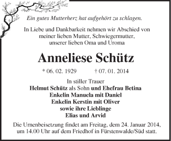 Traueranzeige von Anneliese Schütz von Märkische Oderzeitung