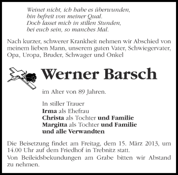 Traueranzeige von Werner Barsch von Märkische Oderzeitung