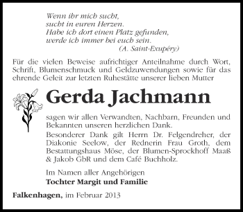 Traueranzeige von Gerda Jachmann von Märkische Oderzeitung