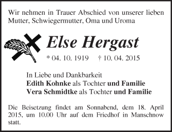 Traueranzeige von Else Hergast von Märkische Oderzeitung