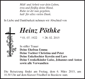Traueranzeige von Heinz Pöthke von Märkische Oderzeitung