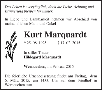 Traueranzeige von Kurt Marquardt von Märkische Oderzeitung