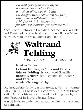 Traueranzeige von Waltraud Fehling von Märkische Oderzeitung