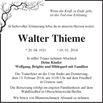 Traueranzeige von Walter Thieme von Märkische Oderzeitung