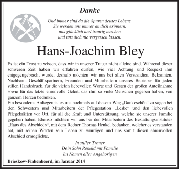 Traueranzeige von Hans-Joachim Bley von Märkische Oderzeitung