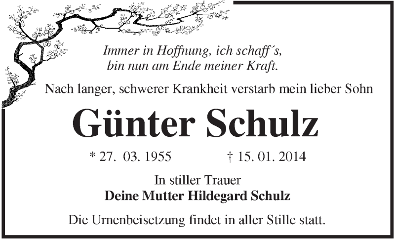  Traueranzeige für Günter Schulz vom 18.01.2014 aus Märkische Oderzeitung