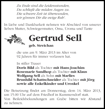 Traueranzeige von Gertrud Sell von Märkische Oderzeitung