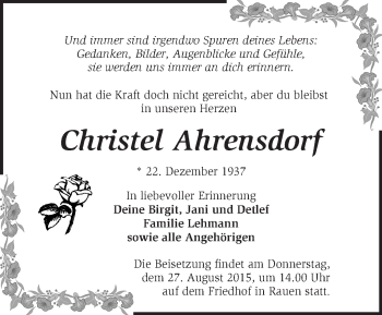 Traueranzeige von Christel Ahrensdorf von Märkische Oderzeitung