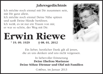 Traueranzeige von Erwin Riewe von Märkische Oderzeitung