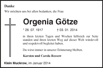 Traueranzeige von Orgenia Götze von Märkische Oderzeitung