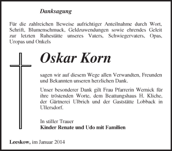 Traueranzeige von Oskar Korn von Märkische Oderzeitung