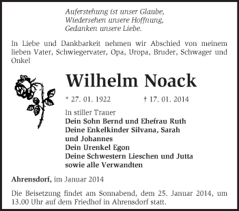 Traueranzeige von Wilhelm Noack von Märkische Oderzeitung