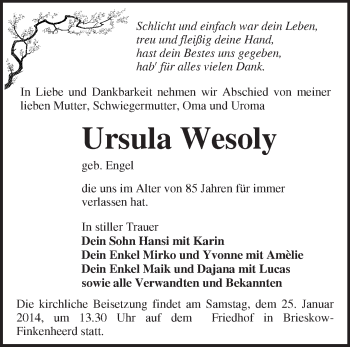 Traueranzeige von Ursula Wesoly von Märkische Oderzeitung