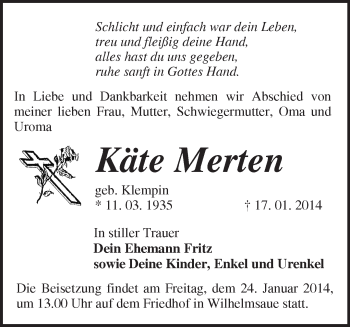 Traueranzeige von Käte Merten von Märkische Oderzeitung