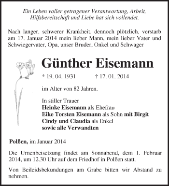 Traueranzeige von Günther Eisemann von Märkische Oderzeitung