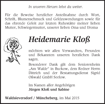 Traueranzeige von Heidemarie Kloß von Märkische Oderzeitung