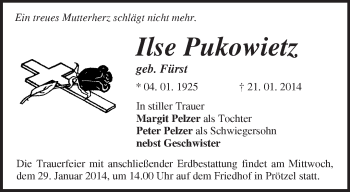 Traueranzeige von Ilse Pukowietz von Märkische Oderzeitung