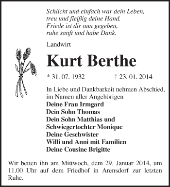 Traueranzeige von Kurt Berthe von Märkische Oderzeitung