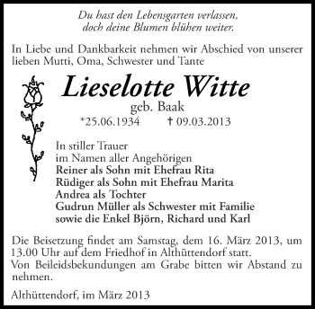 Traueranzeige von Lieselotte Witte von Märkische Oderzeitung