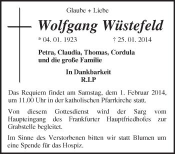 Traueranzeige von Wolfgang Wüstefeld  von Märkische Oderzeitung