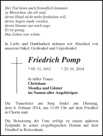 Traueranzeige von Friedrich Pomp von Märkische Oderzeitung