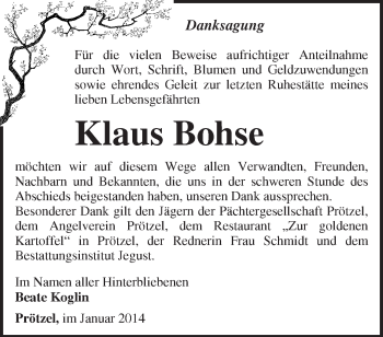 Traueranzeige von Klaus Bohse von Märkische Oderzeitung