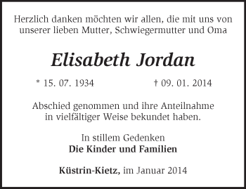 Traueranzeige von Elisabeth Jordan von Märkische Oderzeitung