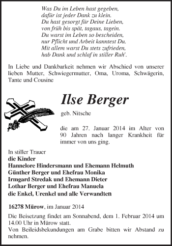 Traueranzeige von Ilse Berger von Märkische Oderzeitung